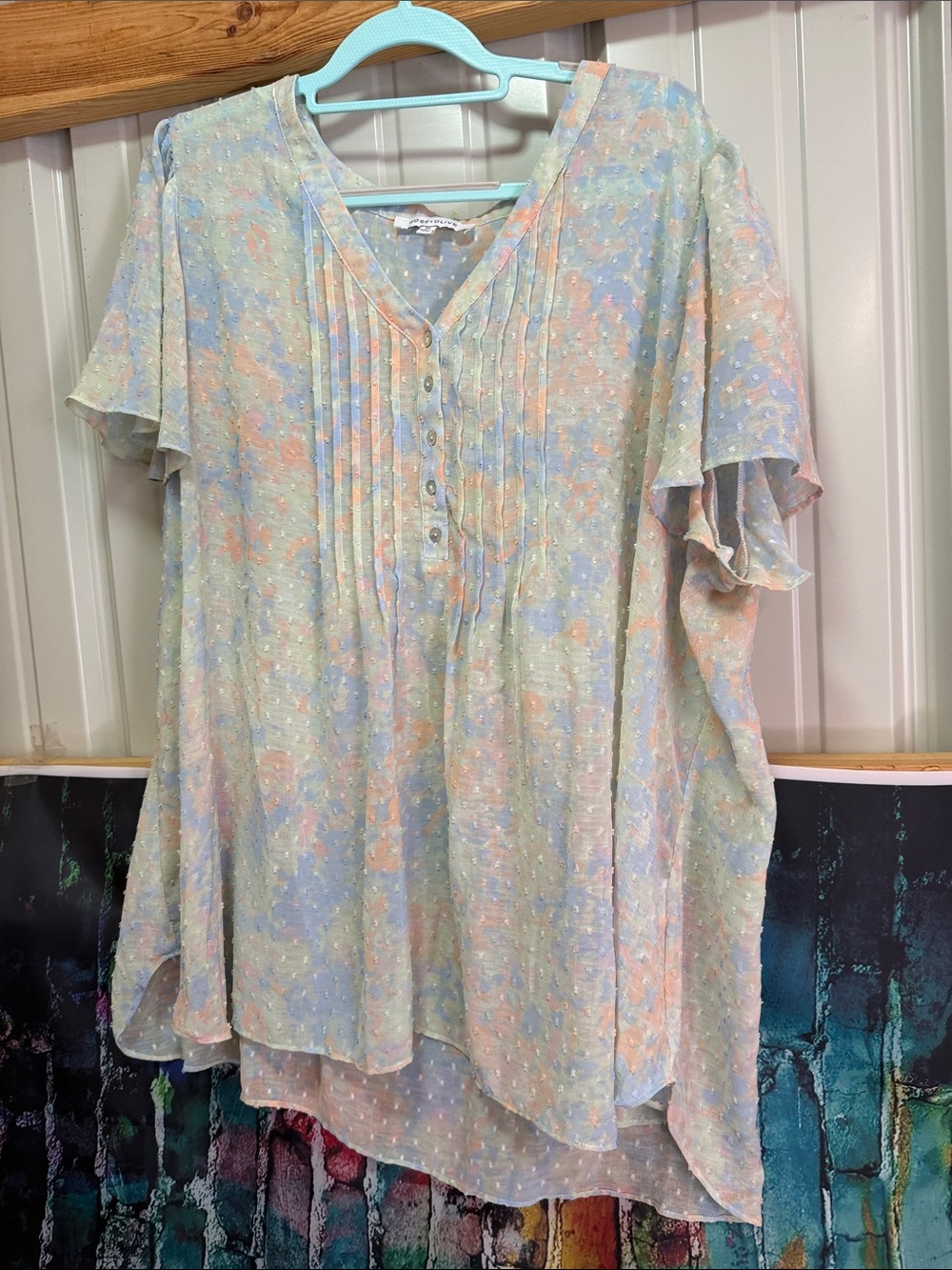 Rose & Olive Pastel Floral Pintuck V-Neck Tunic - Blue, Pink, Cream